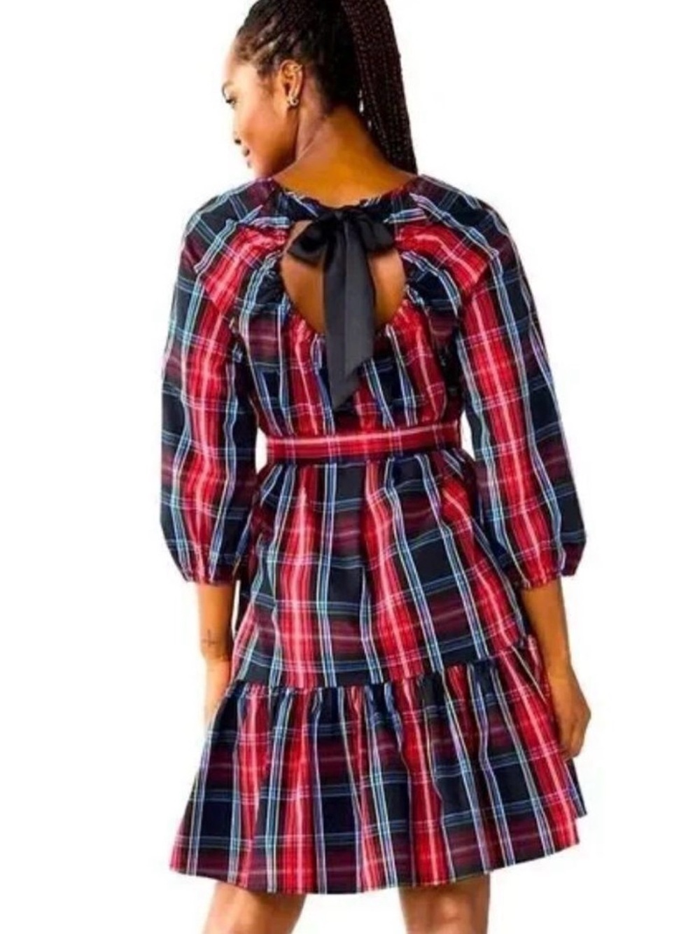 Draper James RSVP Long Sleeve Tiered Bow Back Dress Holiday Plaid Ruffle Belted - Picture 1 of 11